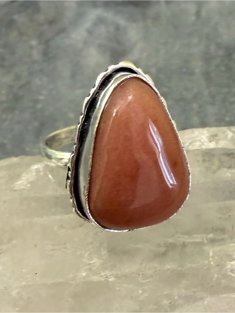 Genuine Peach Moonstone Teardrop Silver Ring
